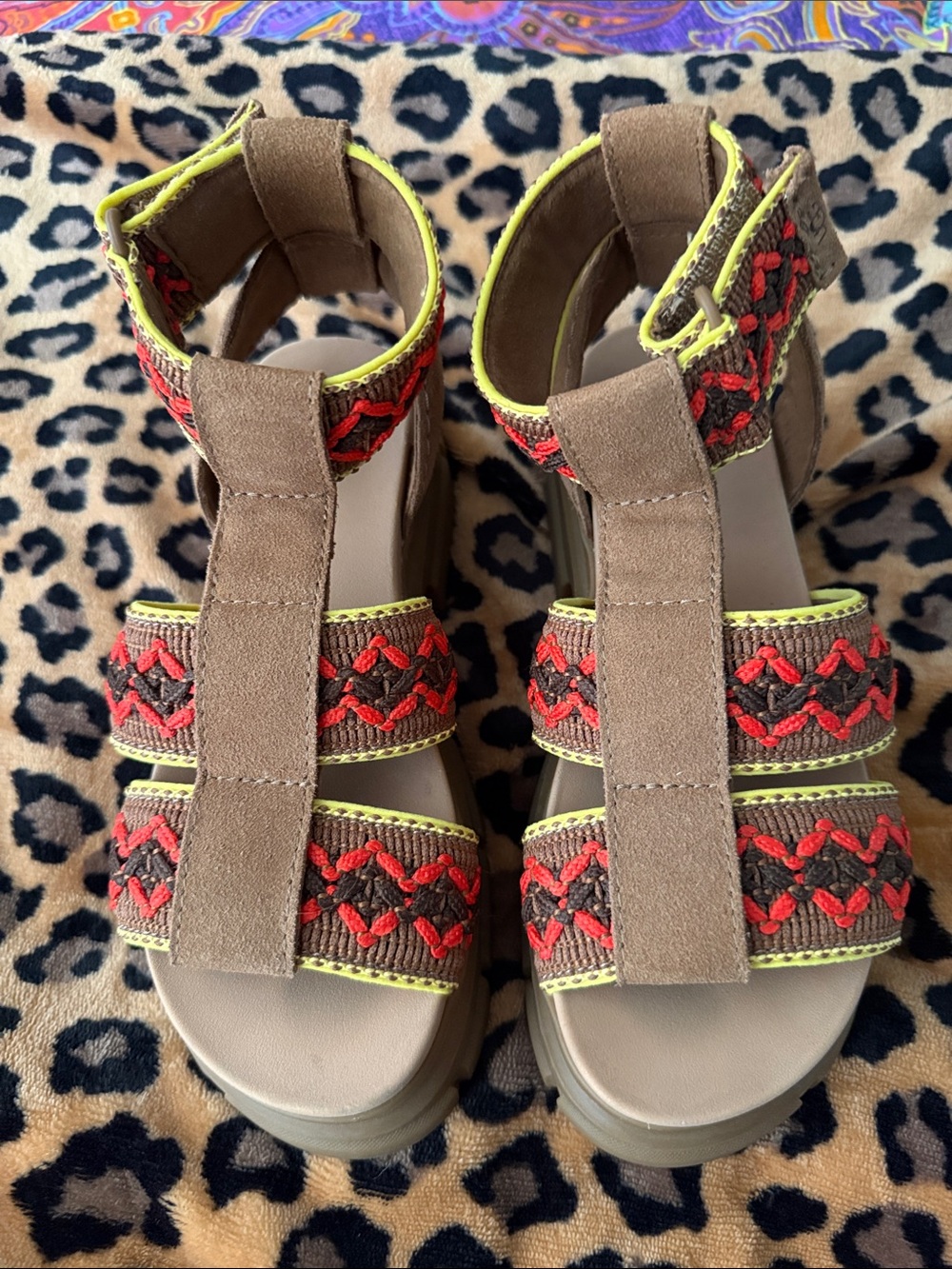 Women’s Brown Suede Strappy Sandals with Red Embroidered Accents